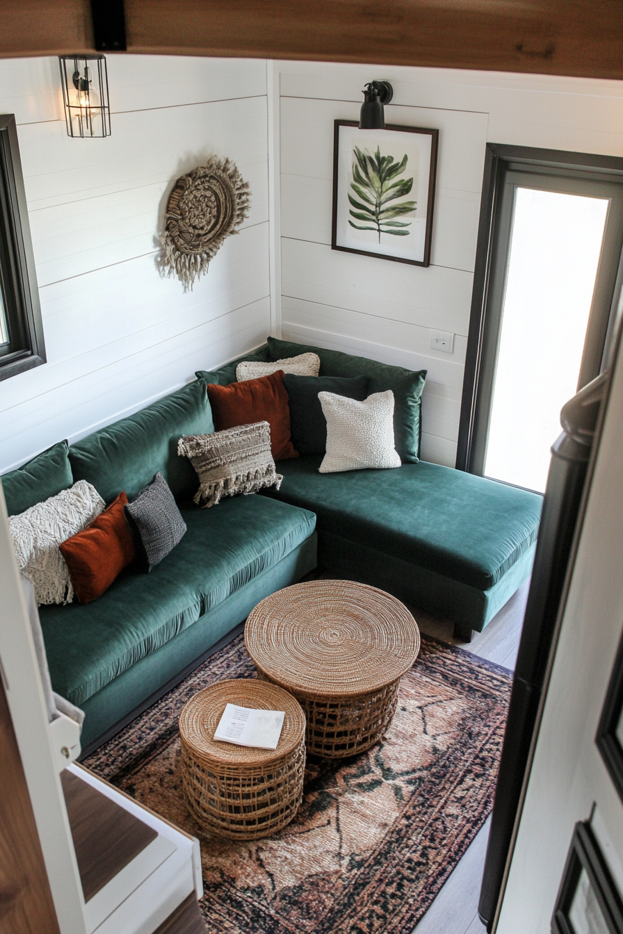 Bohemian Tiny Home Upper Level Design. Velvet sectional sofa with Rattan side tables.