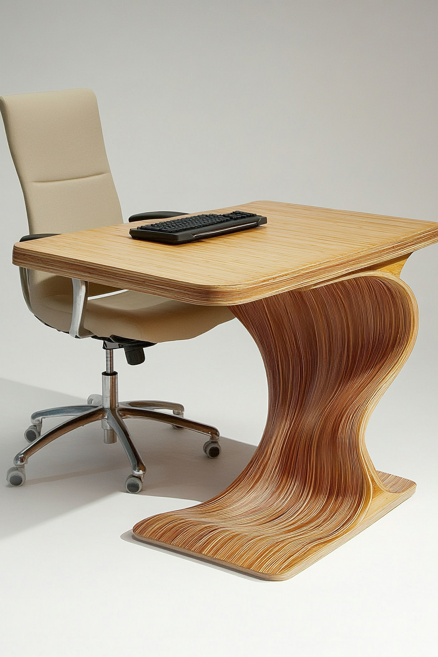 Mobile workspace design. Bamboo desk with beige ergonomic chair.