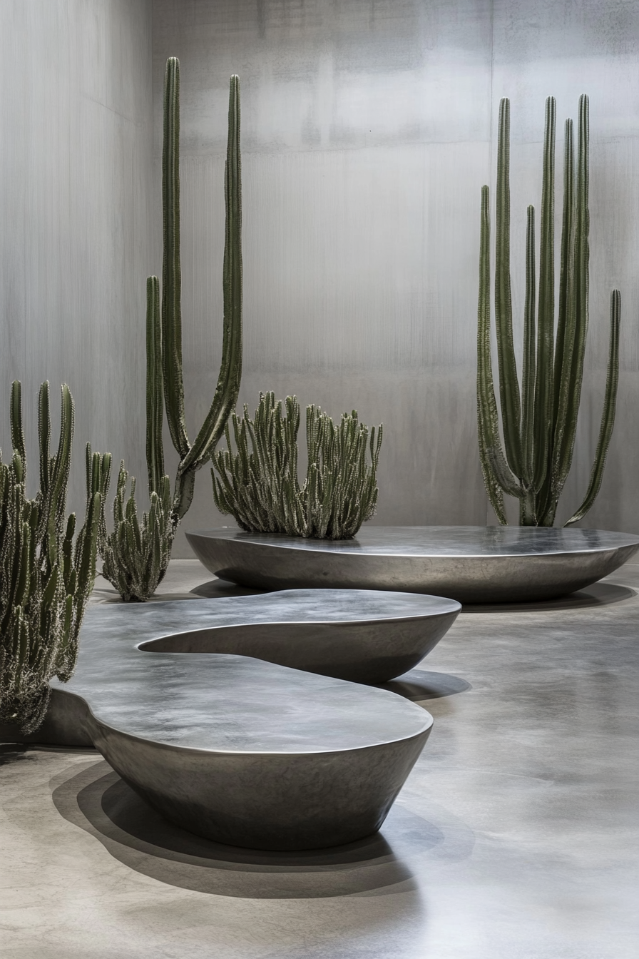 Space display. Polished metal surfaces, concrete cacti planters, low-profile grey modular seats.