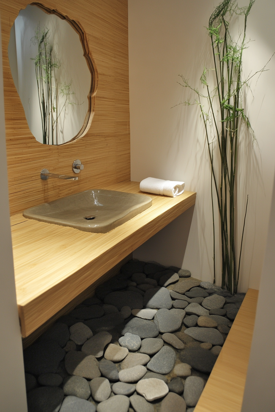 Tiny eco-bathroom concept. Light bamboo sink vanity, grey river-rock mat.