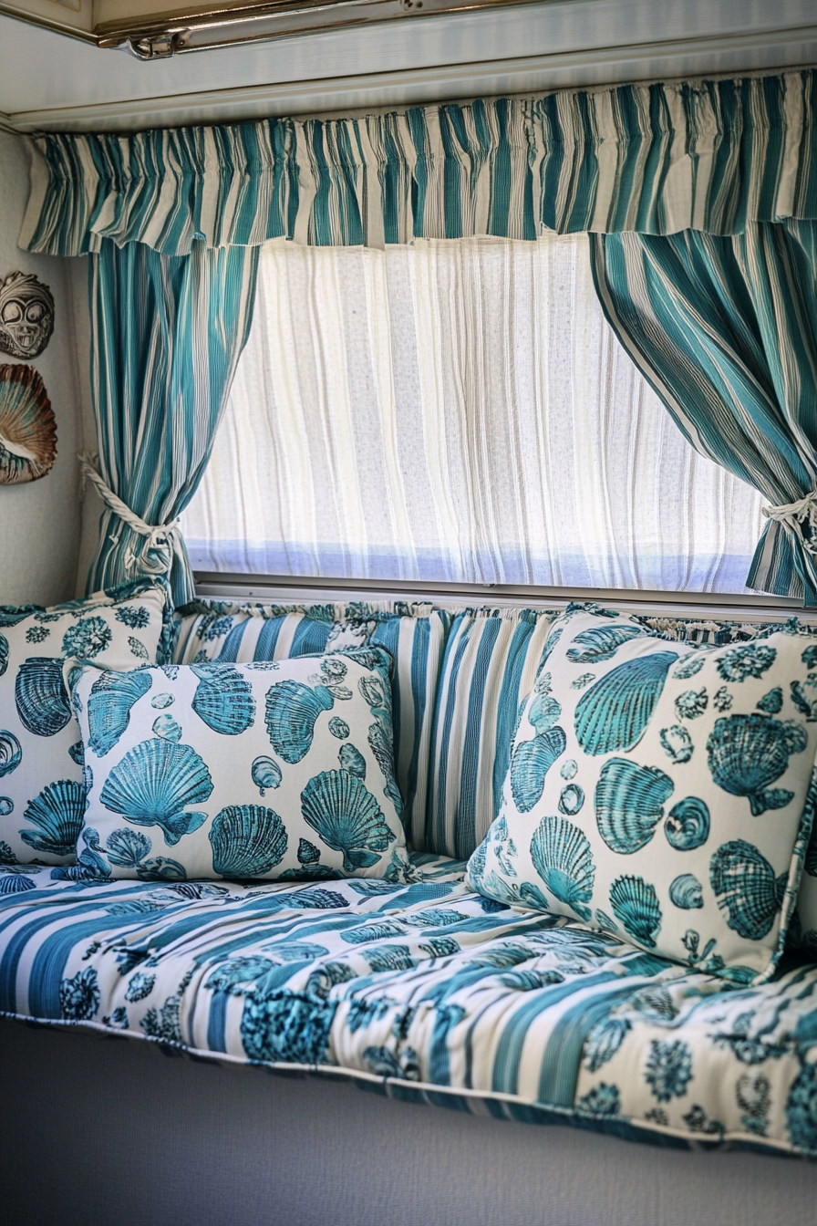 Camper design. Maritime blue & white striped curtains with teal seashell patterned chintz upholstery.