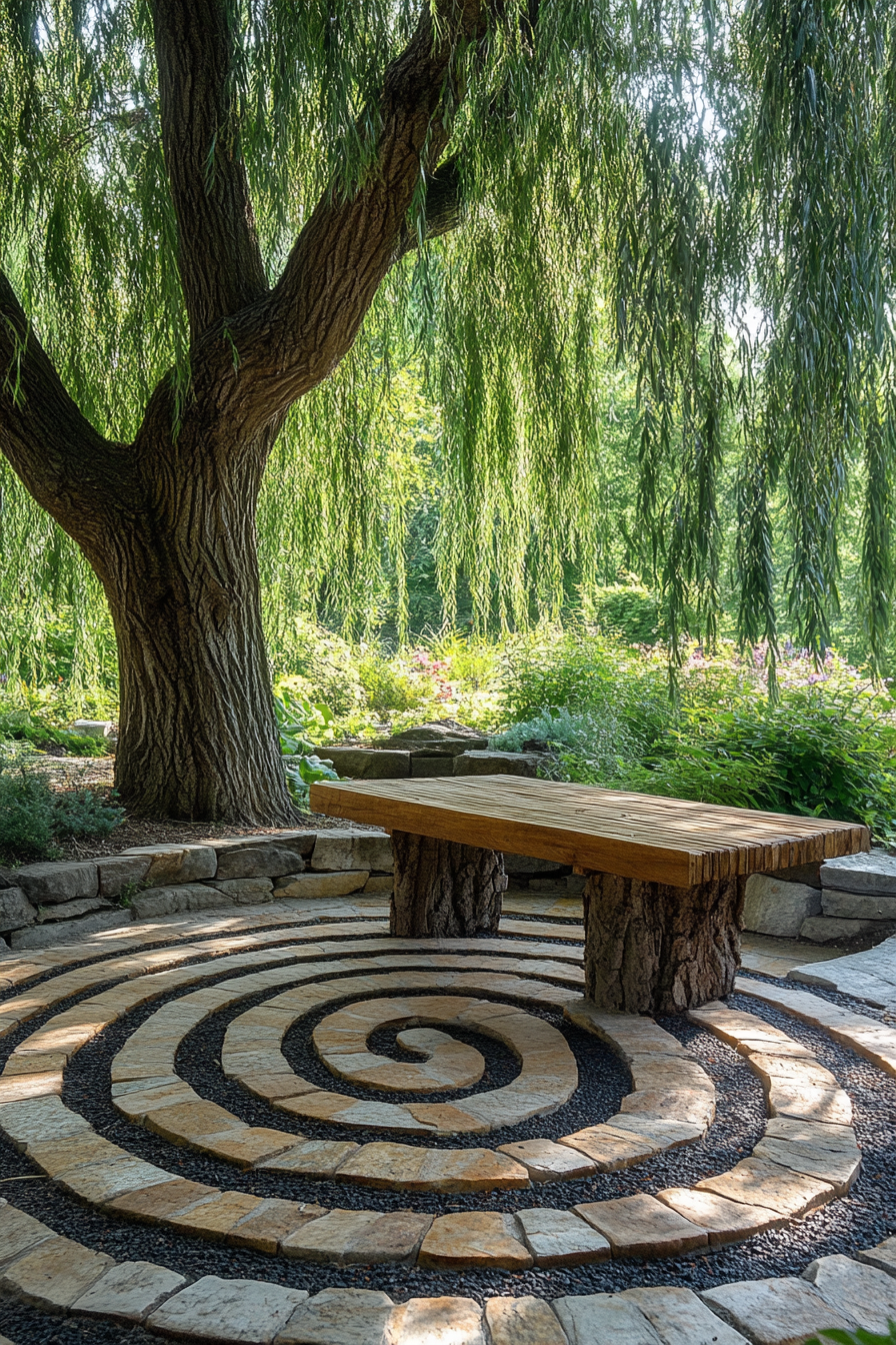 Outdoor massage table. Wood under a willow tree. Meditation labyrinth layout. Natural stone circular pattern.