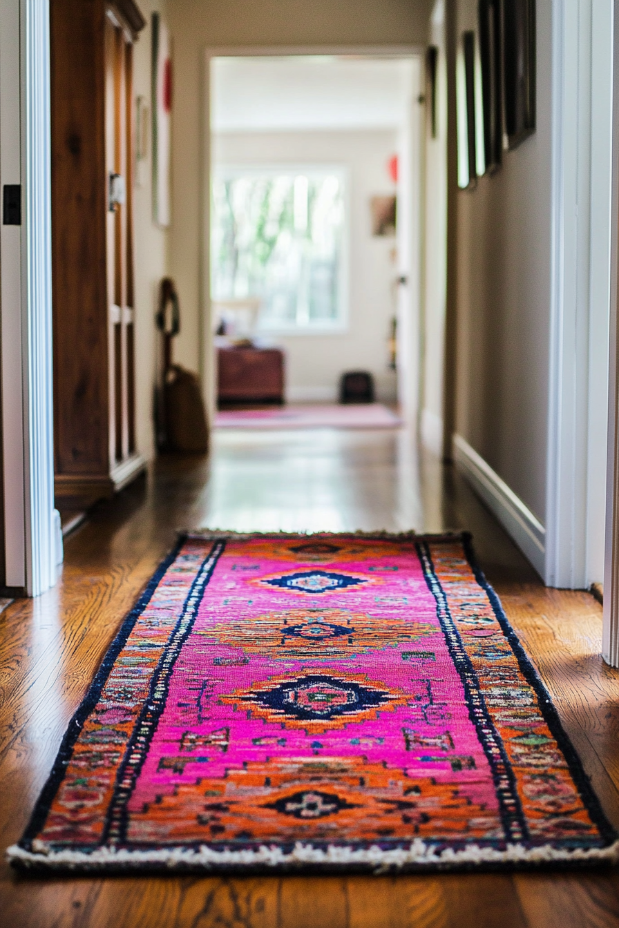 Tiny home decor. Brightly colored area rug on hardwood floor.