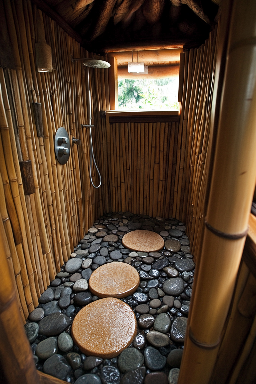 Tiny eco-bathroom concept. Bamboo walls with river rock shower flooring.