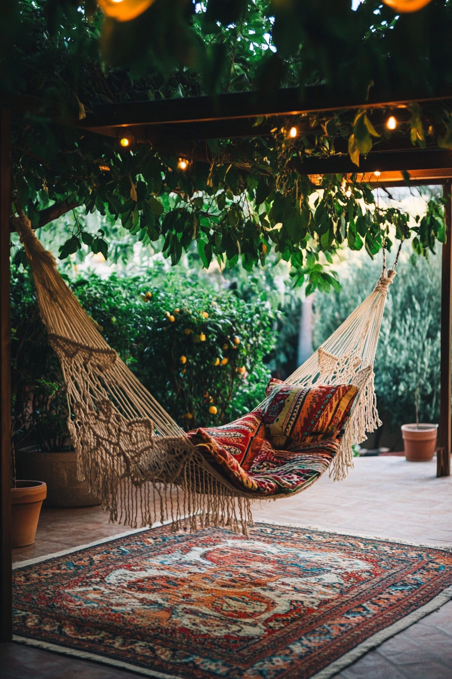 Bohemian patio. Macramé hanging chair, paisley canopies, multicolored kilim rug.