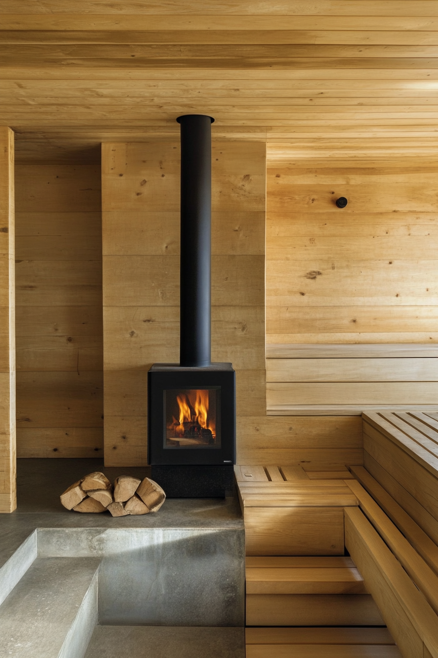 Sauna room design. Wood-burning stove with cedar tiered benches.