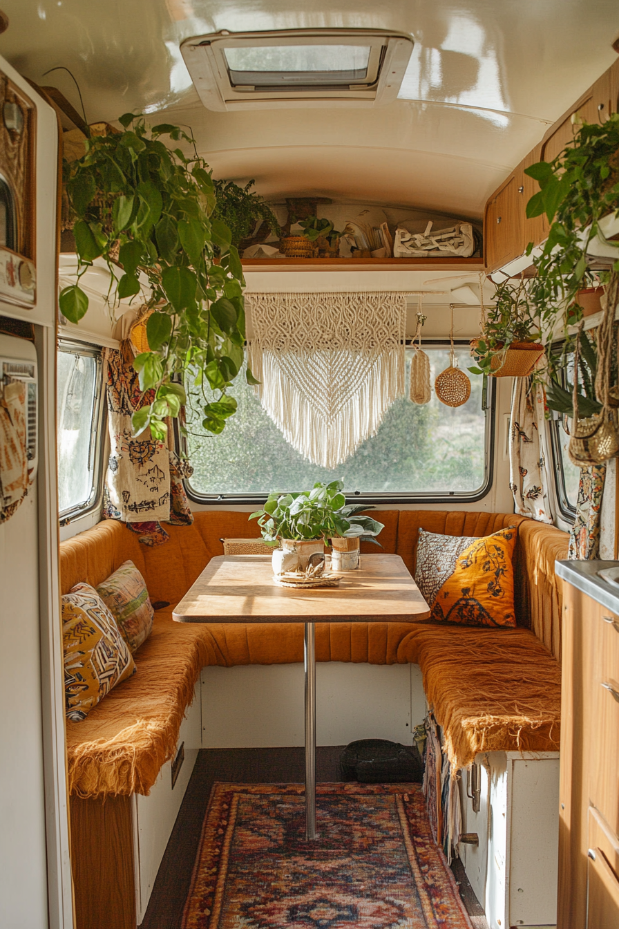 Bohemian camper kitchen. Macramé plant hanger over a rattan breakfast nook.