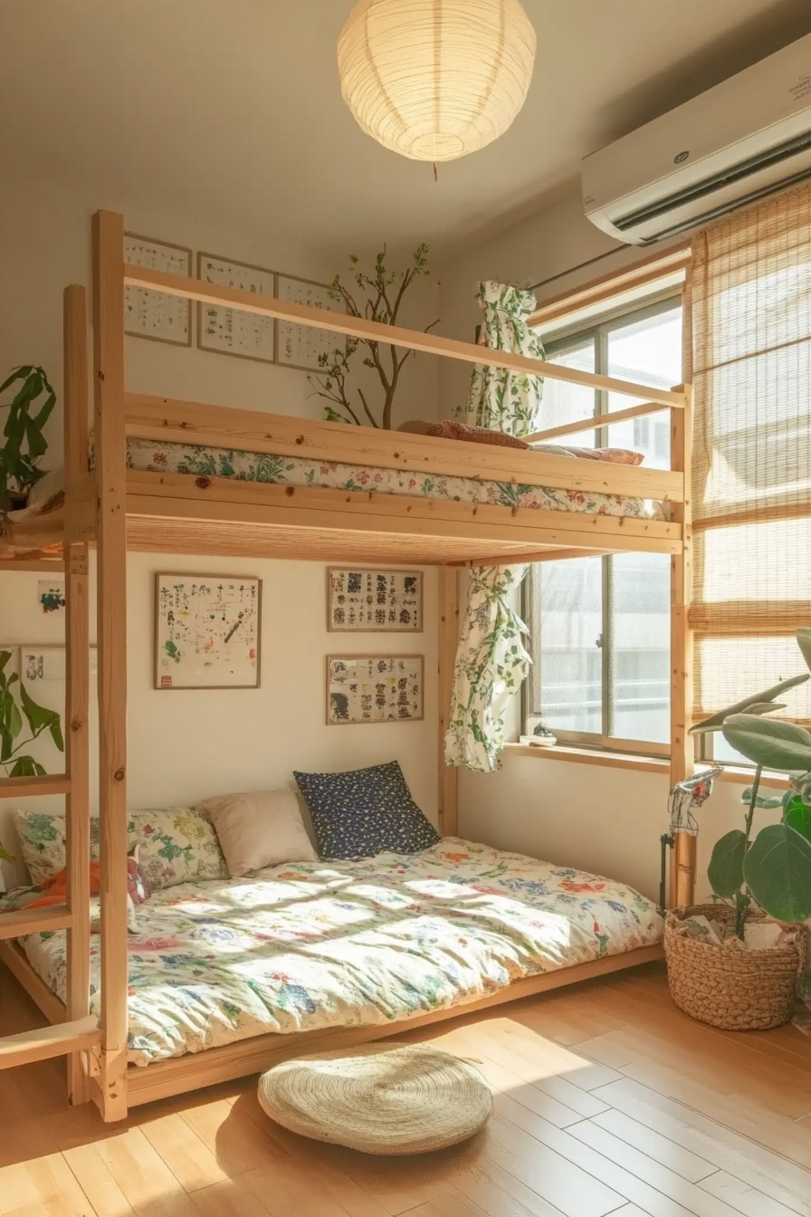 Japandi Dorm Room. Minimalist wooden loft bed with pastel tatami mat.