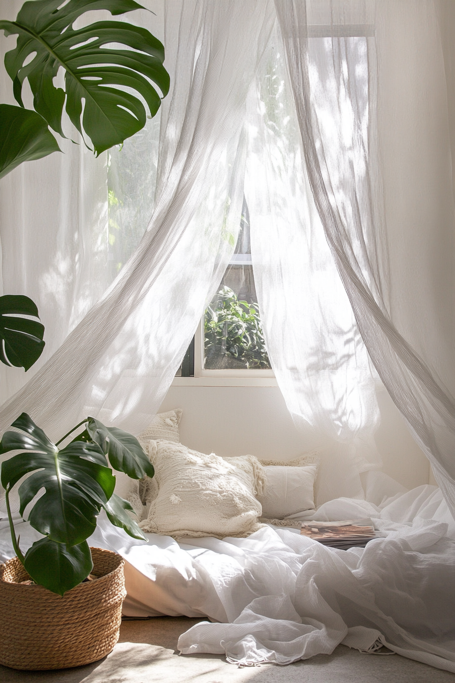 Sleeping nook. White mosquito net drapes, potted monstera plant.