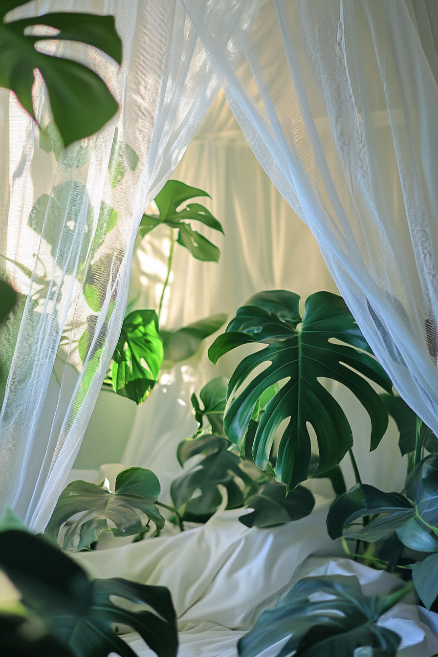 Sleeping nook. White mosquito net drape with green tropical Monstera plant.