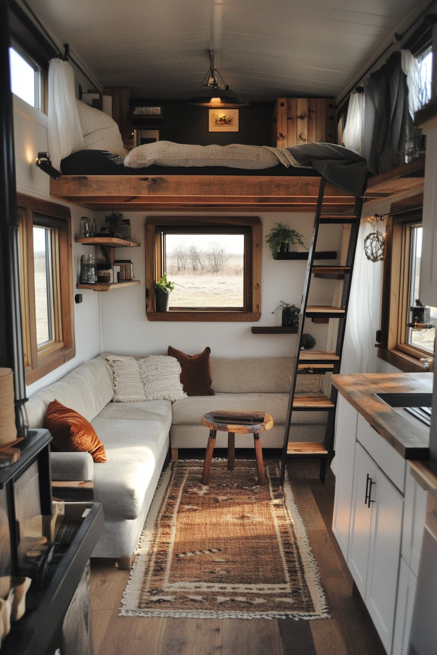 Tiny home design. Subtle velvet sofas against repurposed rattan flooring.