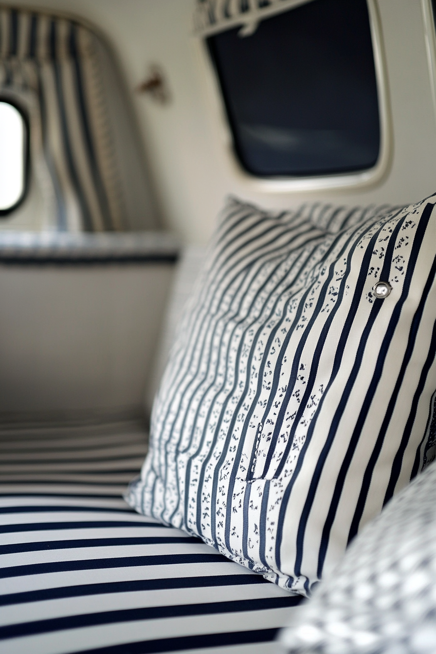 Camper design. White chintz upholstery with navy blue stripes.