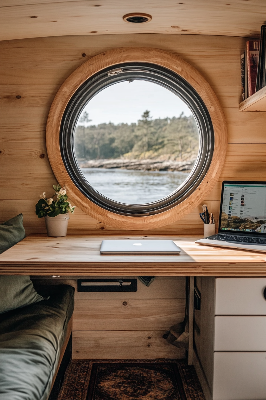 Remote work camper interior. Plywood desk under a porthole window.