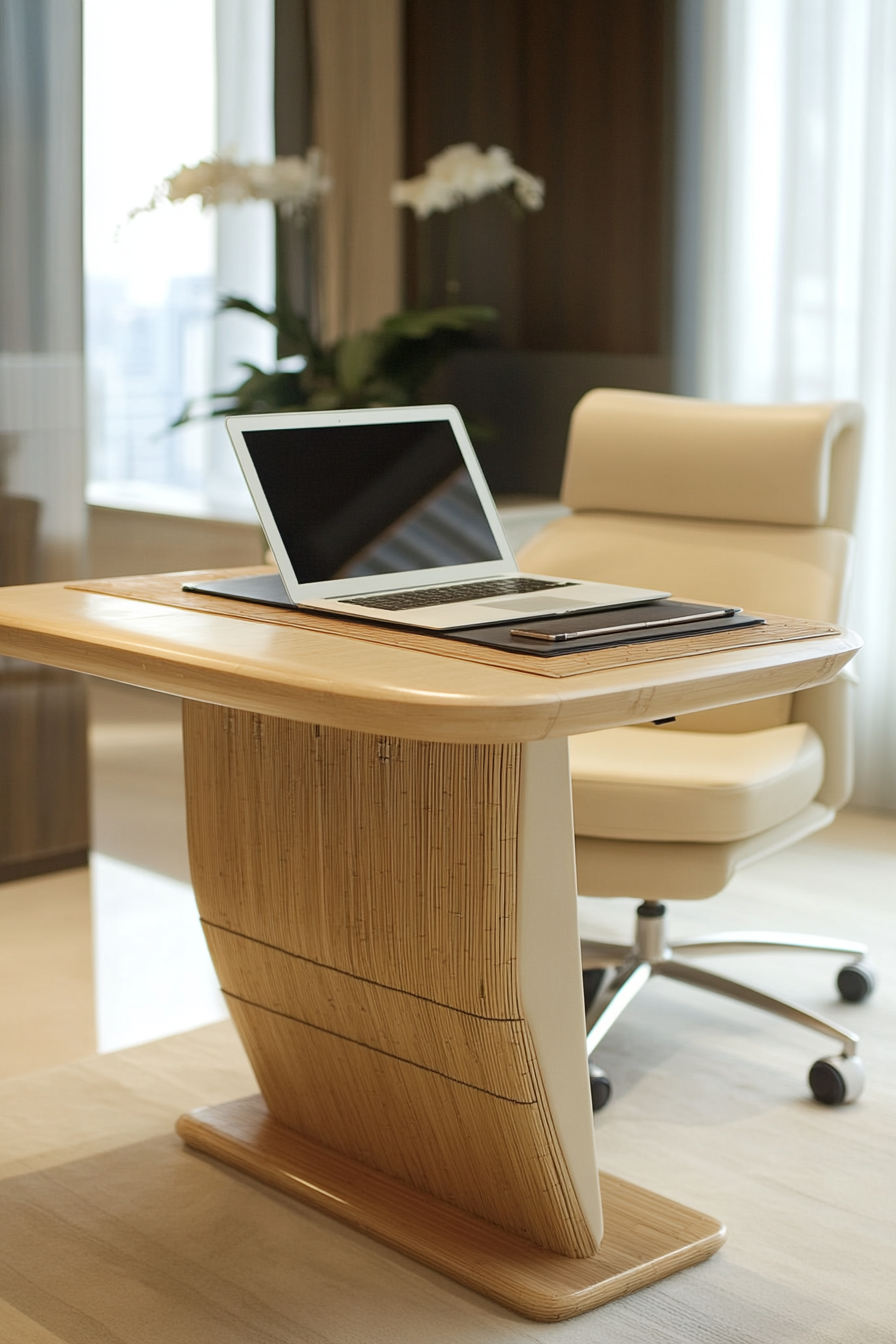 Mobile workspace design. Bamboo desk with cream laptop and beige executive chair.