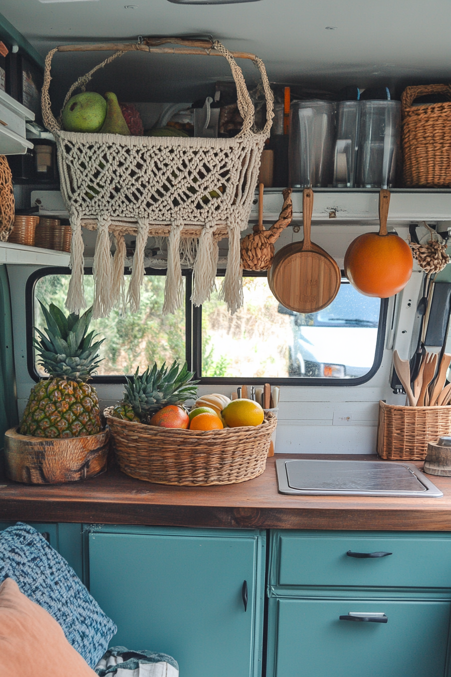 Bohemian camper kitchen. Macramé hanging fruit basket and rattan utensil holders.