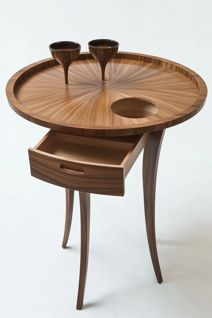 Dining table for small spaces. Round, dual-tier with concealed lower drawer.