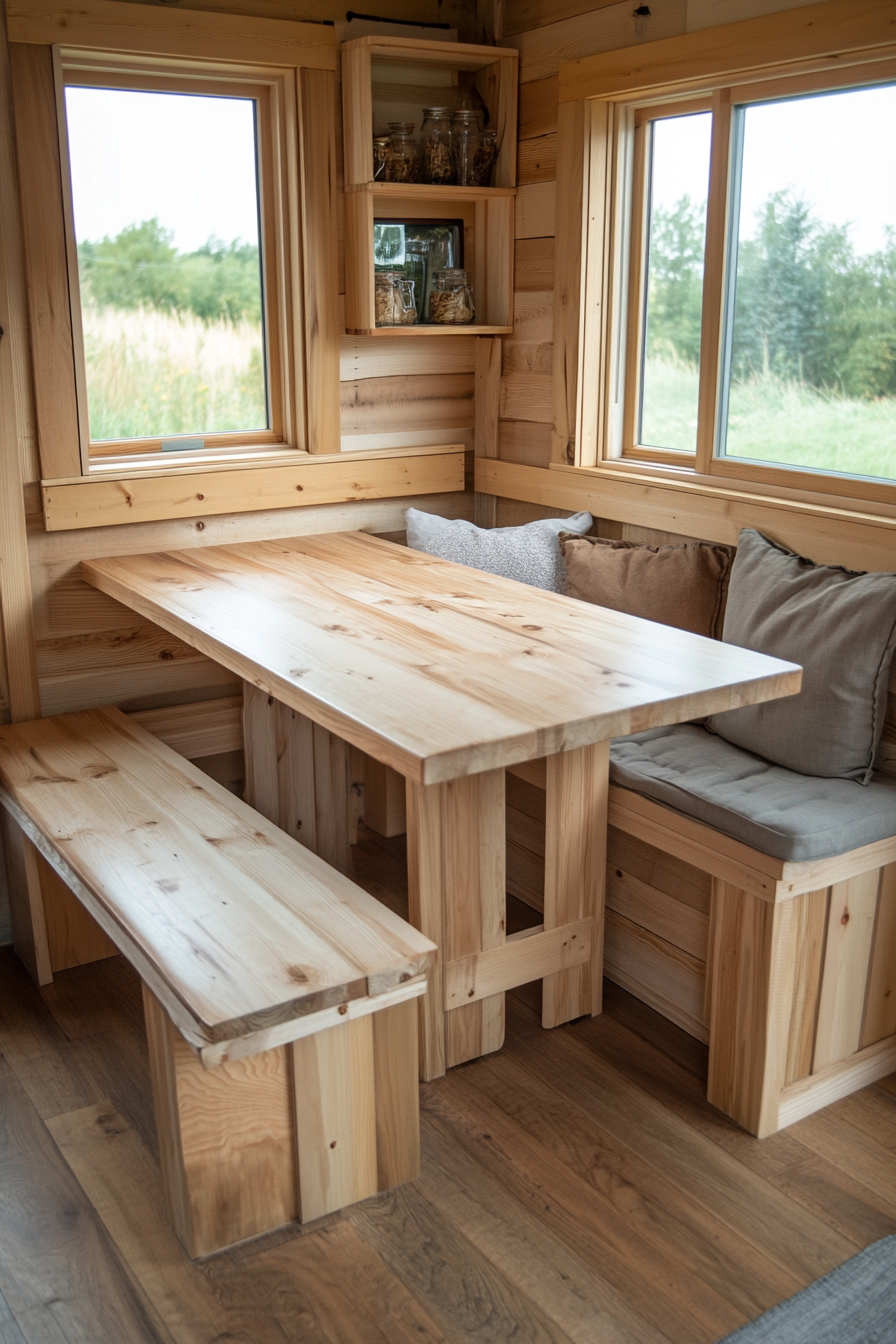 Convertible tiny home piece. Wooden, folding dining table with bench seats.