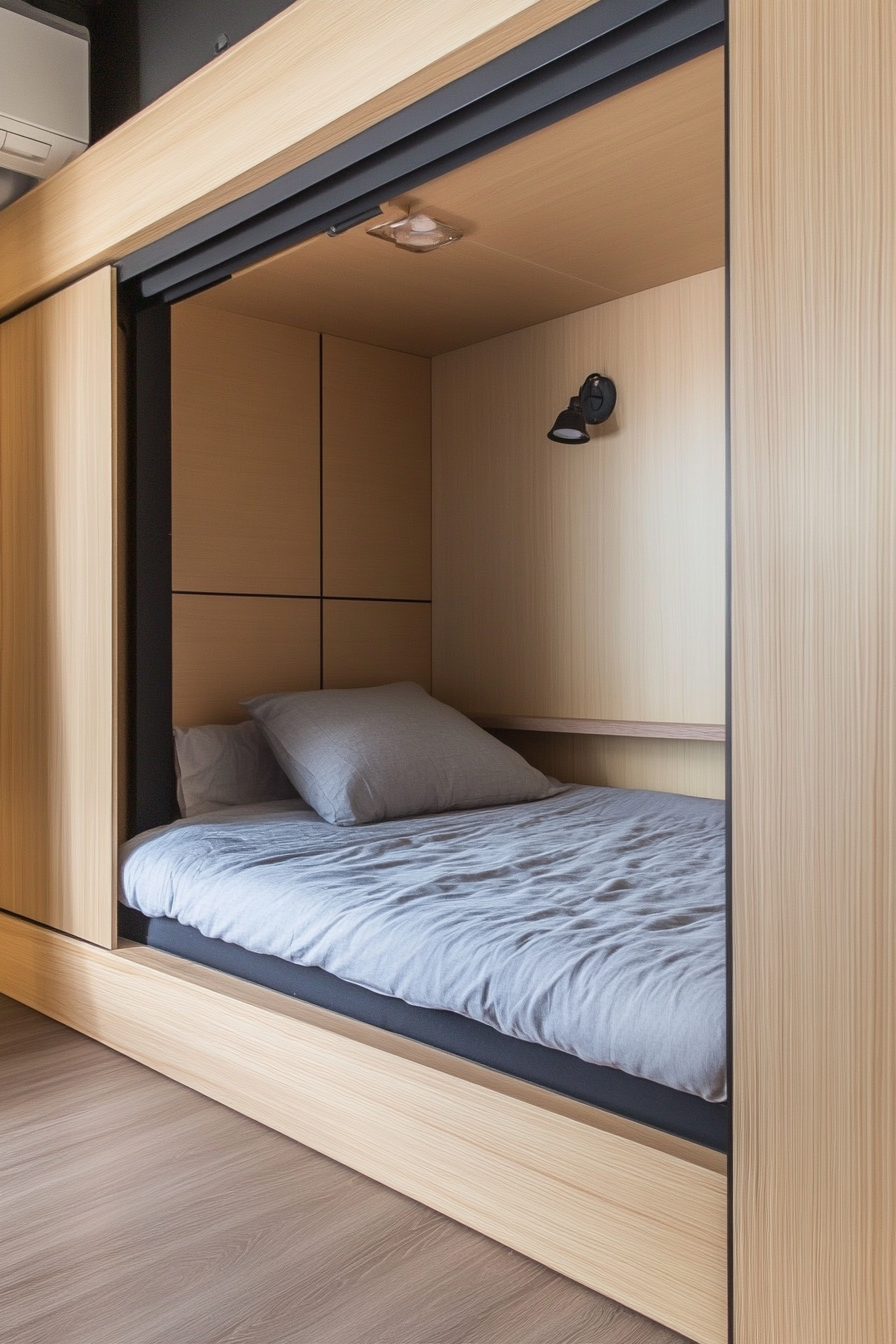 Micro bedroom design. Tatami floor and monochrome sliding doors.