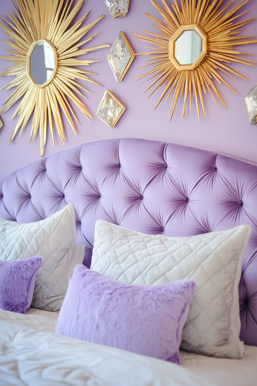 Luxury sleeping space. Lavender geometric headboard with Vogue gold sunburst wall mirrors and Gintaras crystal sconces.