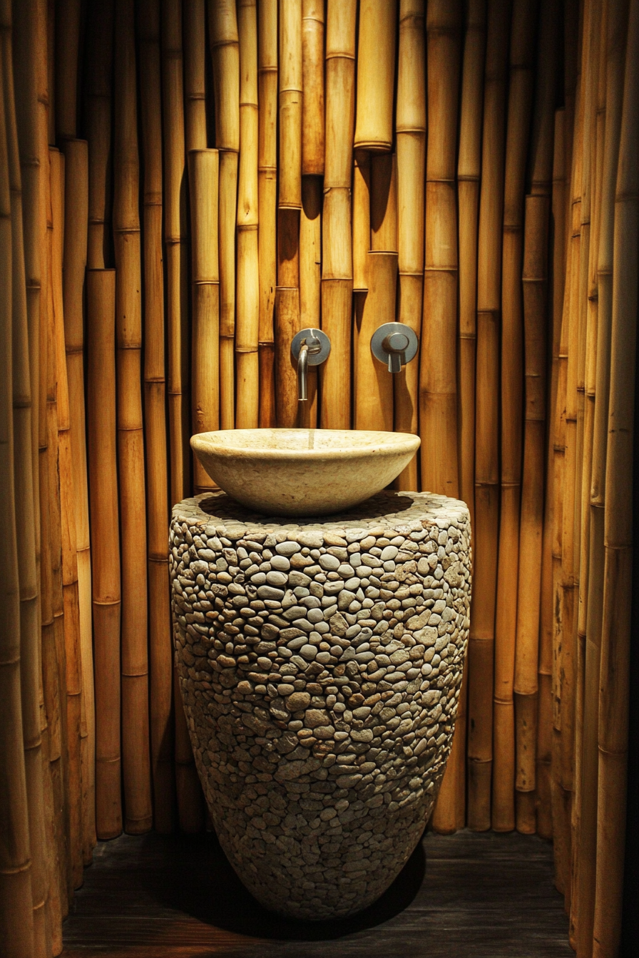 Tiny eco-bathroom concept. Bamboo walls with freestanding river rock sink.