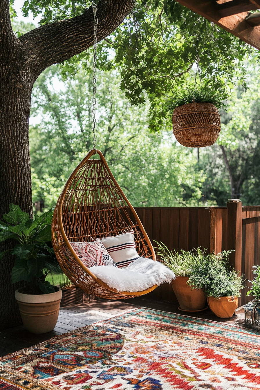 Bohemian patio. Macré hanging chair under tree canopy with multi-colored kilim rug.