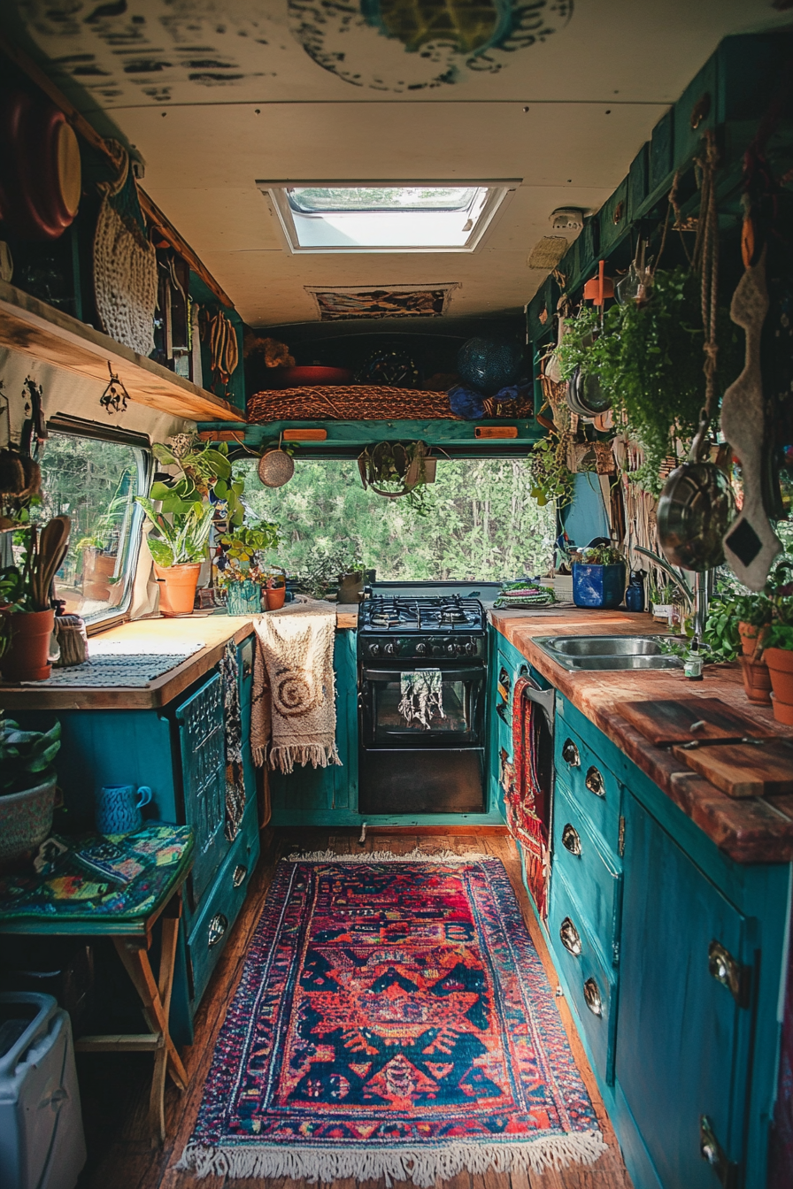 Bohemian camper kitchen. Macramé rugs with rattan furniture and jewel-toned cabinets.