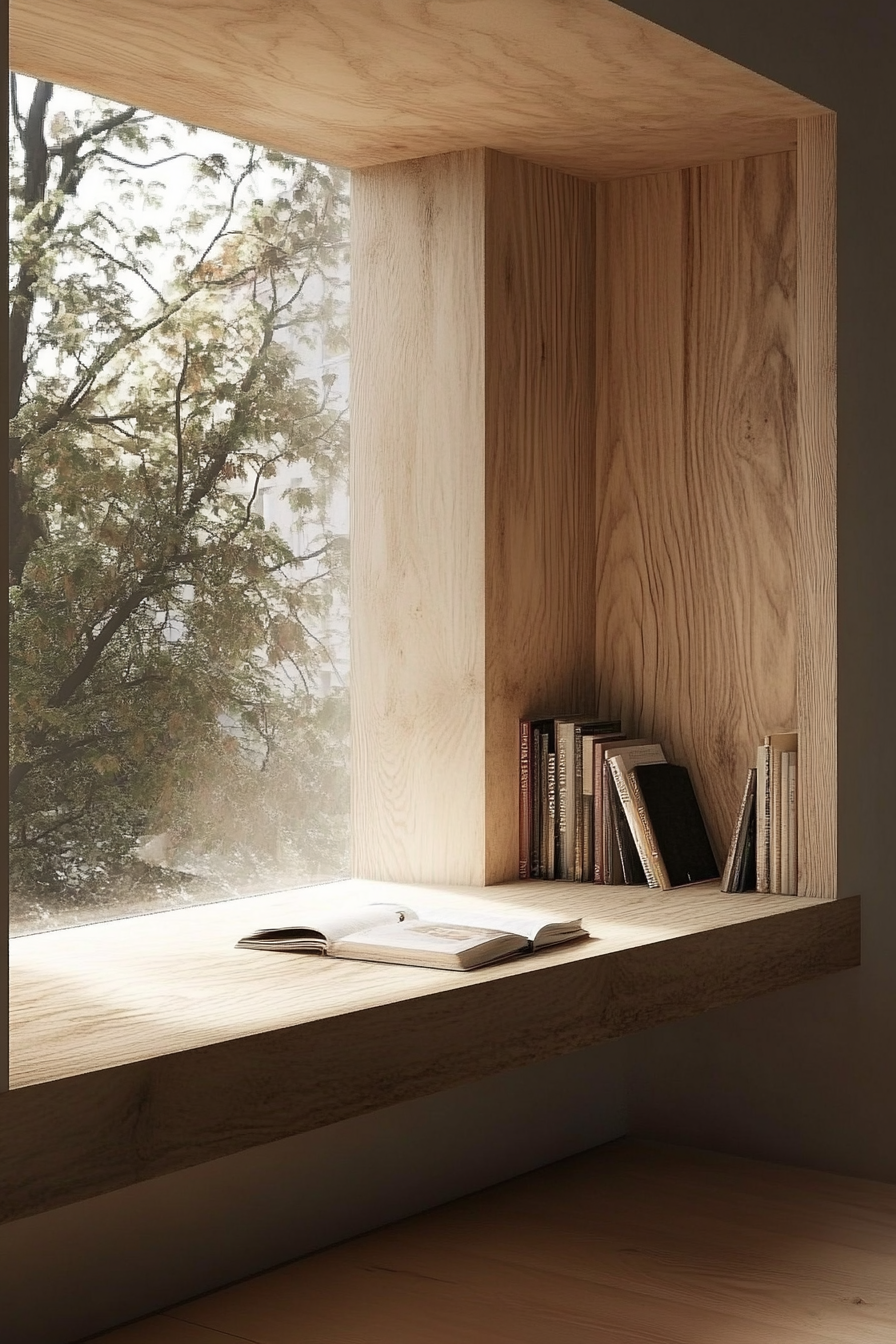 Window Alcove concept. Floating wooden bench with hidden book storage.