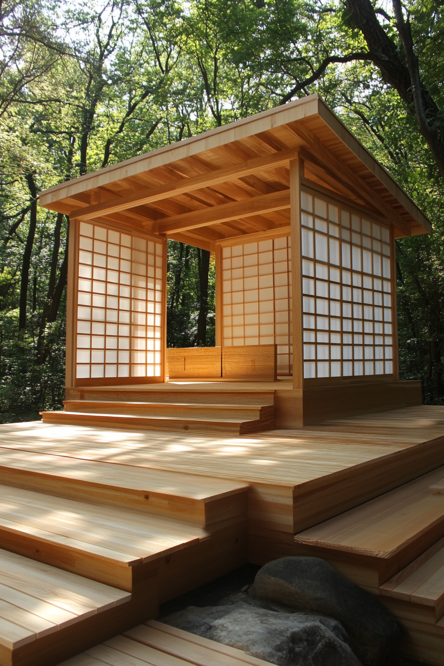 Elevated platform Zen camp concept. Pine wood with pearl white shoji screens.