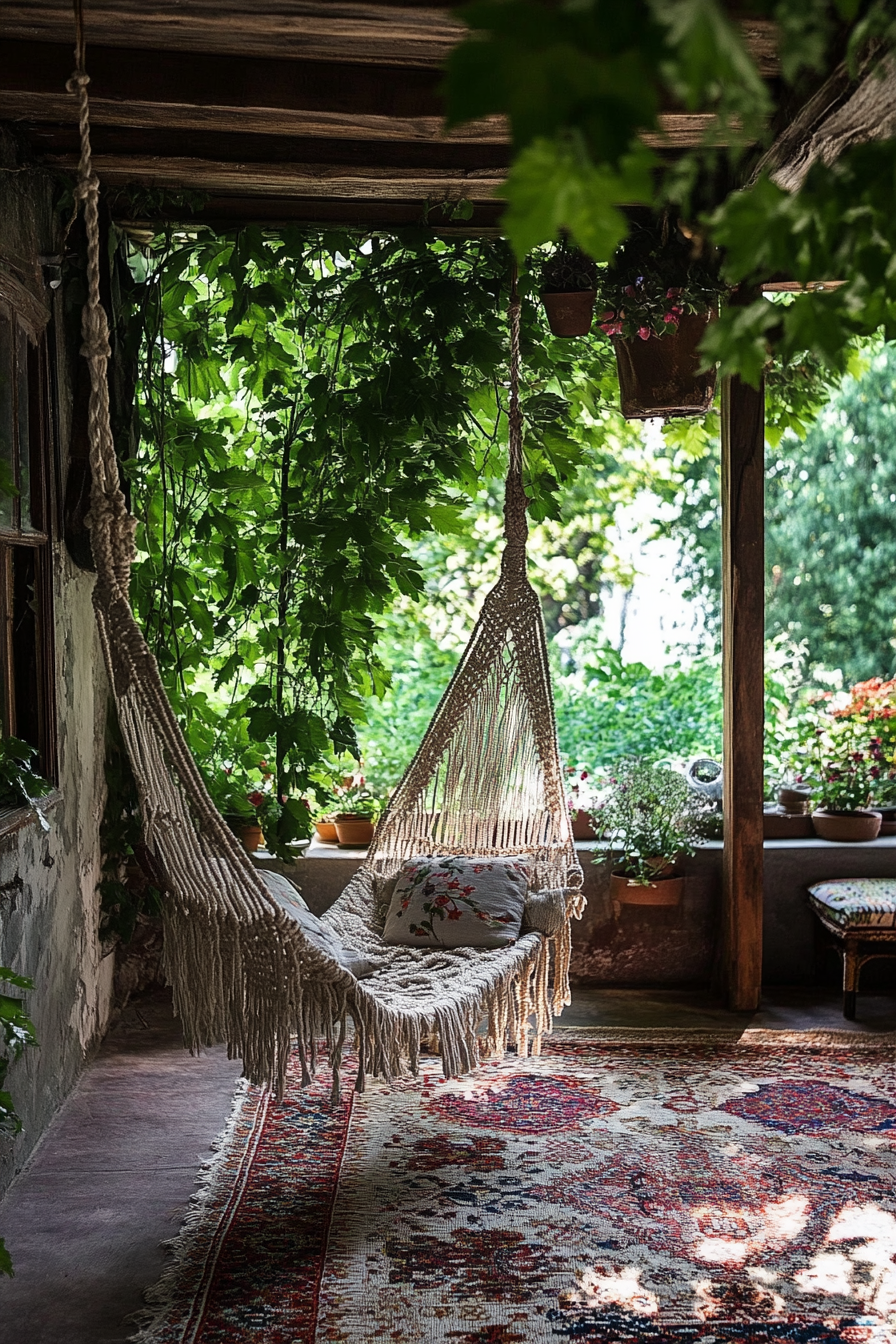 Bohemian patio. Macramé hanging chair, canopy with trailing ivy, layered kilim rugs.