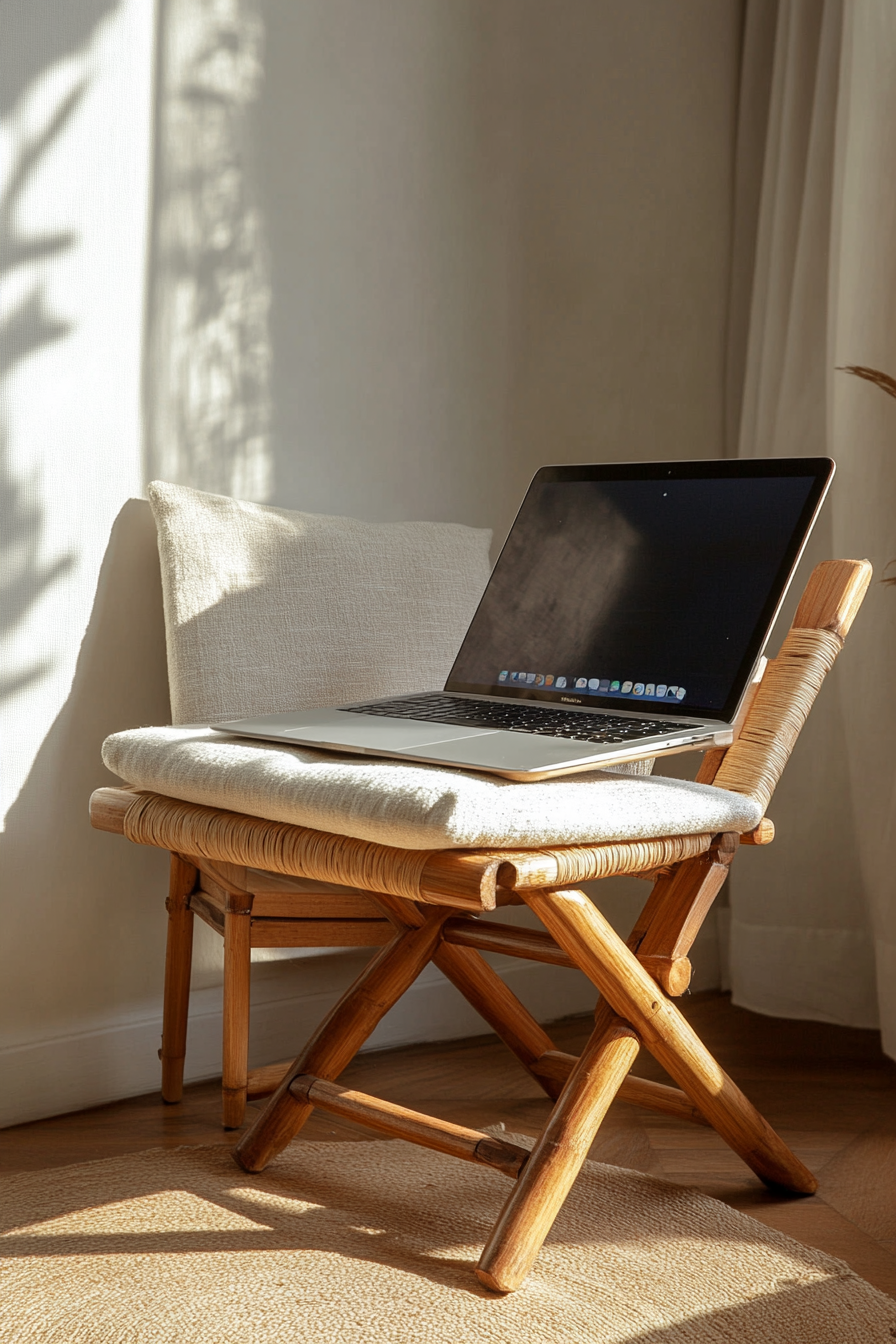 Mobile workspace design. Bamboo laptop stand, neutral linen chair.