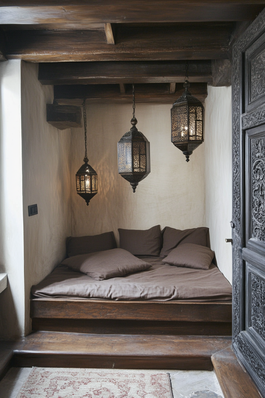 Micro bedroom concept. Bronze Moroccan lanterns over a low rosewood platform bed.