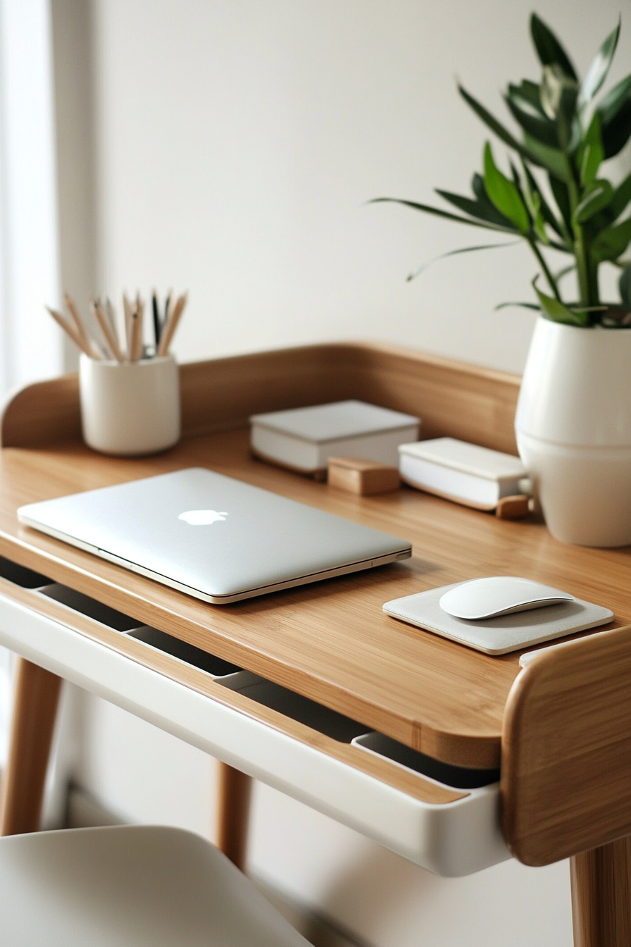 Mobile workspace design. Bamboo desk with neutral tones accessories.