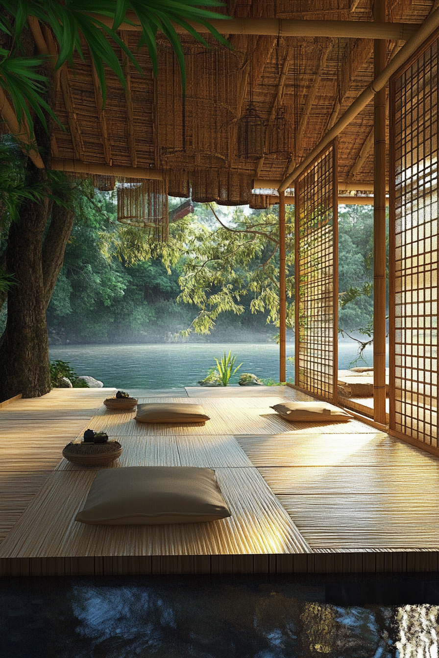 Elevated platform, Zen camp concept. Bamboo structure with shoji screens and tatami mats.