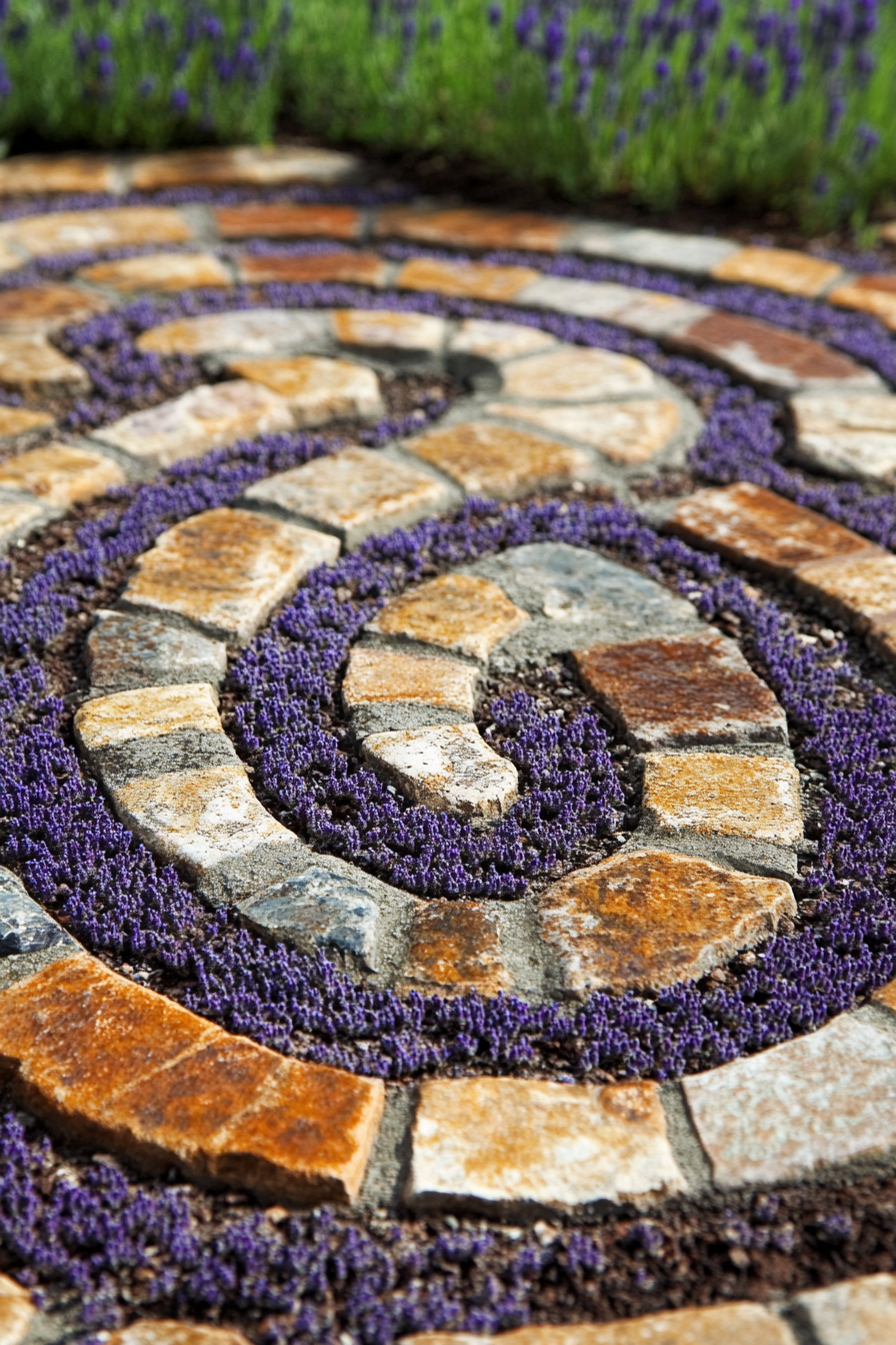 Outdoor meditation labyrinth. Intricate cobblestones with lavender borders.