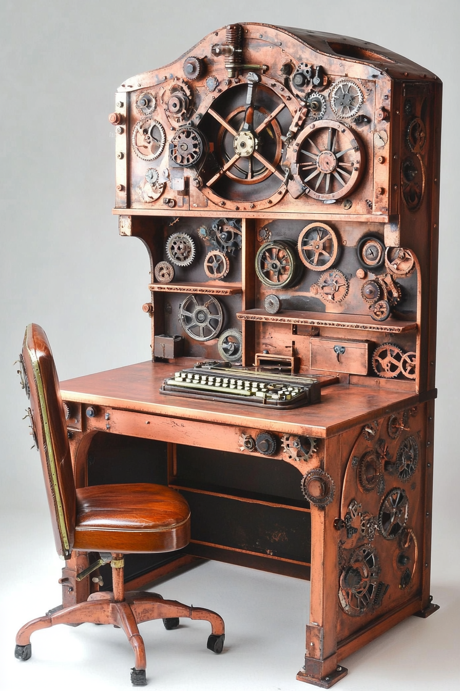 Steampunk micro home. Copper finish study desk with cogwheel accents.