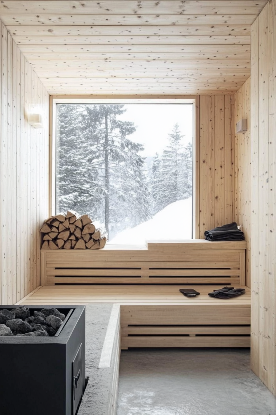 Sauna room design. Wood-burning stove with pine tiered benches.