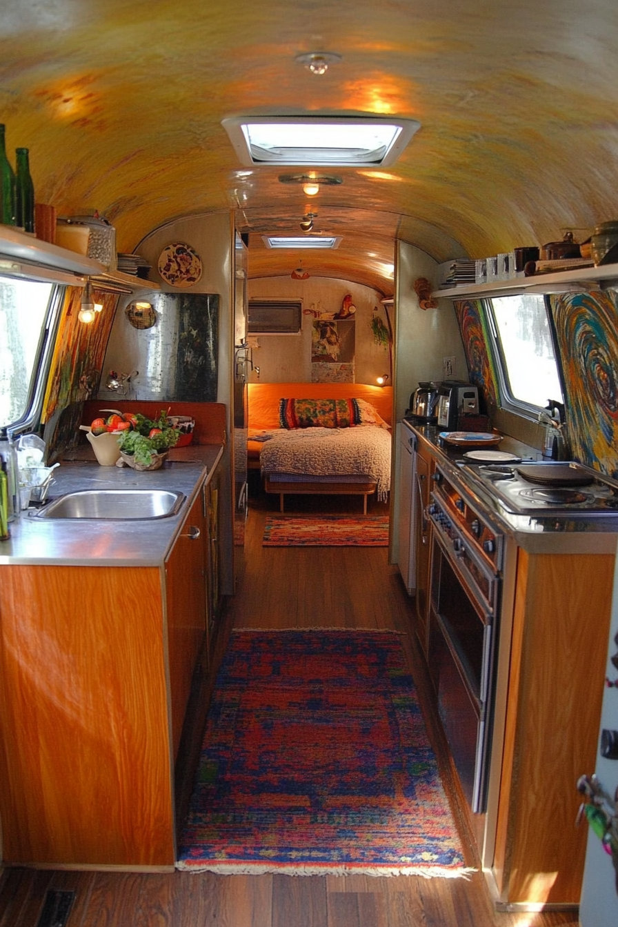 Mobile workspace. Vintage RV conversion with dim coloured abstract artwork.