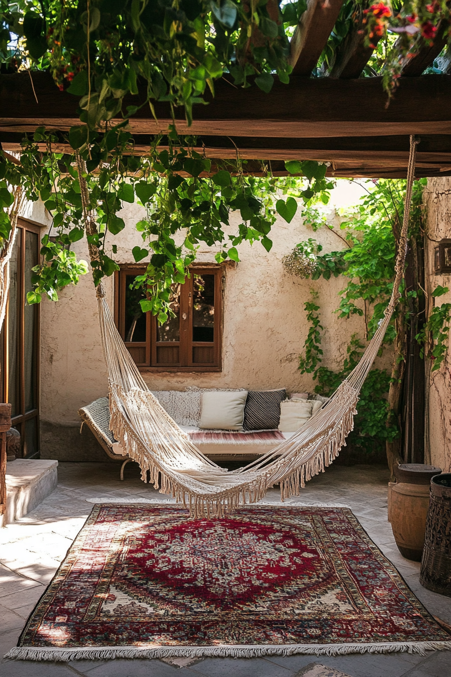 Bohemian patio. Macramé hanging chair, layered maroon kilim rug with canopy.