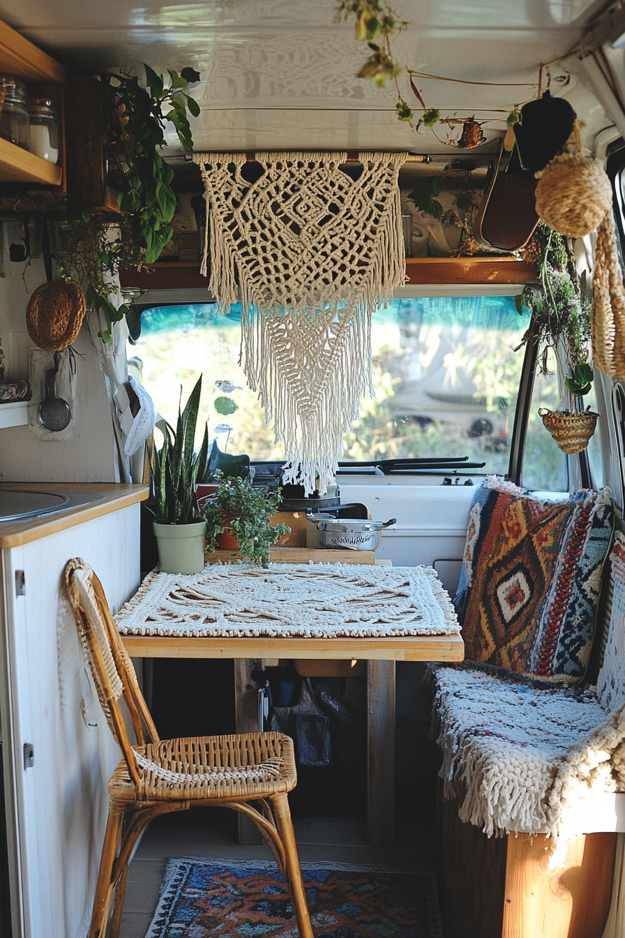 Camper kitchen. Macramé potholder hanging over a rattan wicker table.