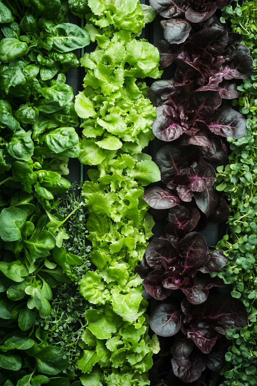 Wall-mounted nutrient film technique system. Micro mixed salad greens on vertical streaked panels.