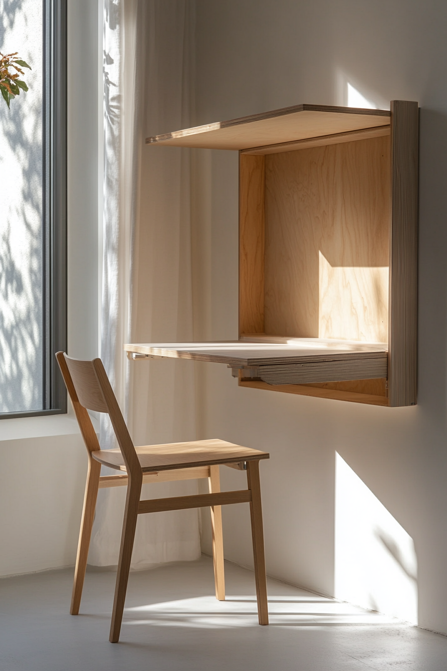 Convertible tiny home piece. Wall-mounted folding desk with minimalist design.