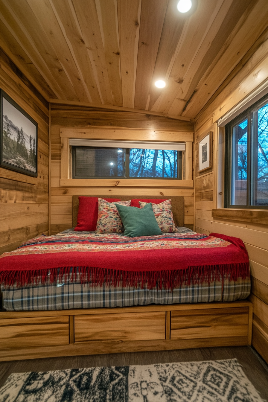 Tiny house bedroom. Minimalist style, oak finish wall-mounted nightstands, hidden storage bed.