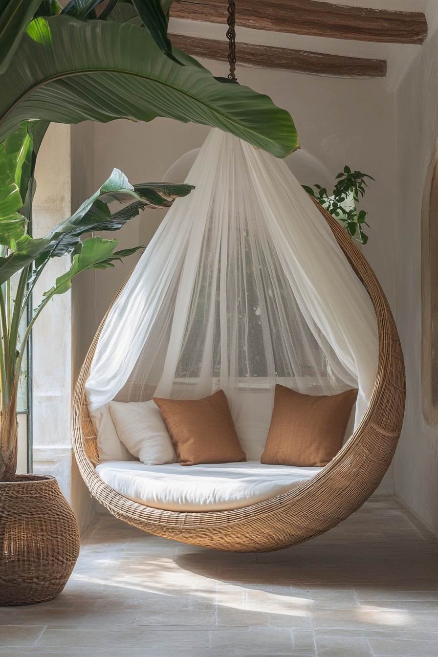 Sleeping nook. Mosquito net drapes, tropical plant and cocoon-shaped rattan swing bed.