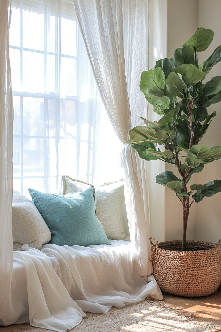 Sleeping nook. Mosquito net drapes, pale teal pillows and a fiddle leaf fig plant.