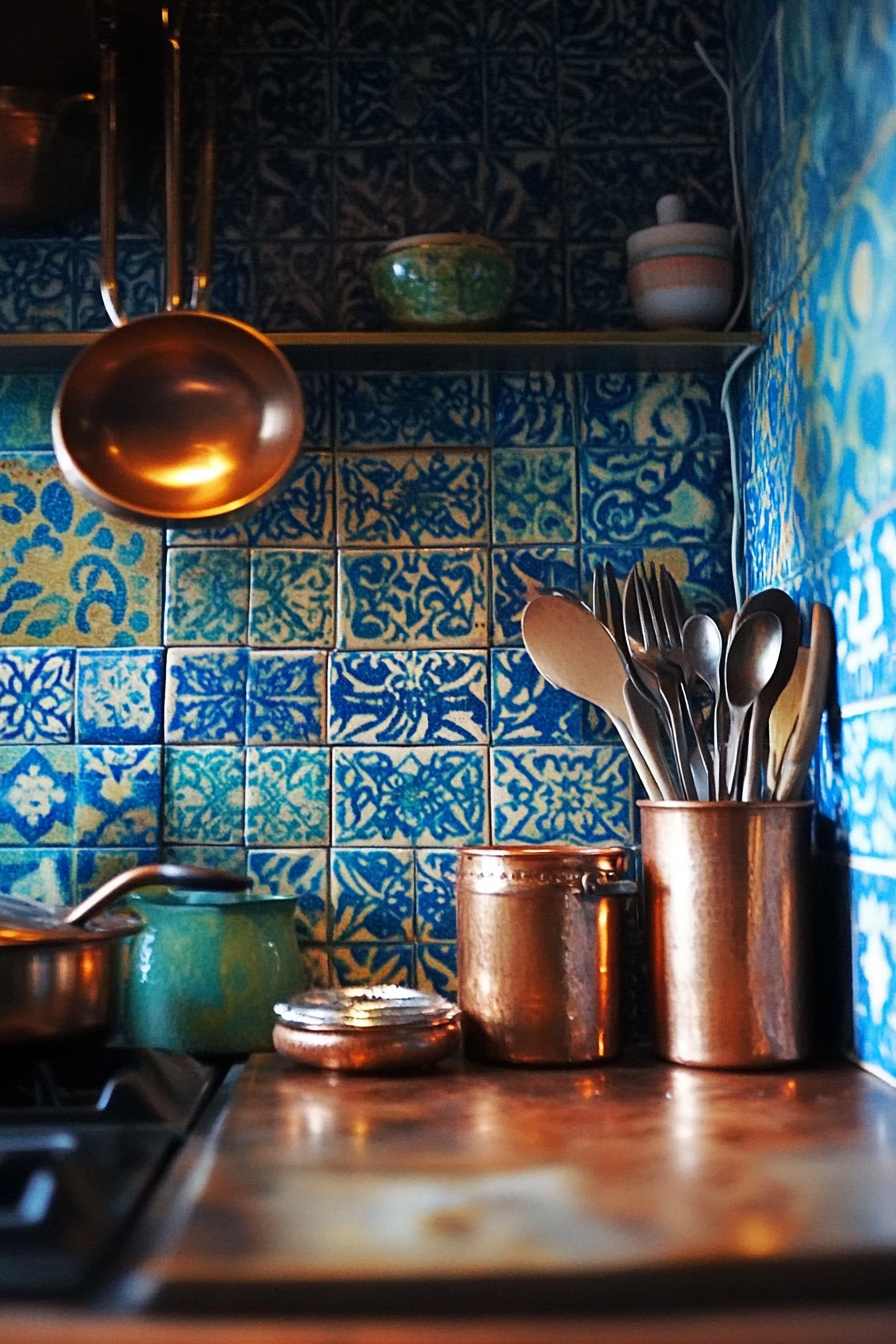 Tiny cooking space idea. Moroccan tile backsplash with copper utensils.