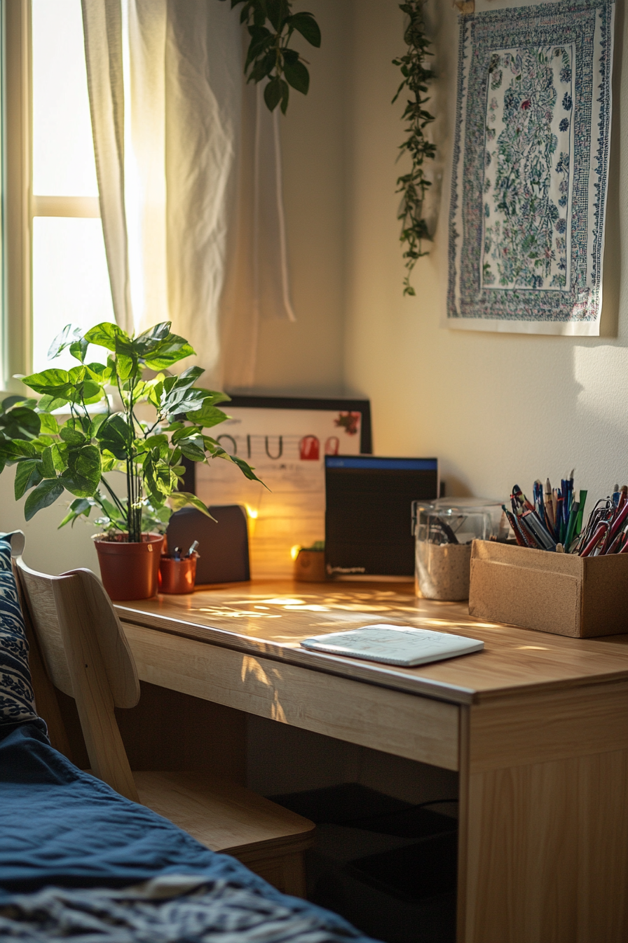 Student dorm room. Minimalist wooden desk with a Japanese potted plant