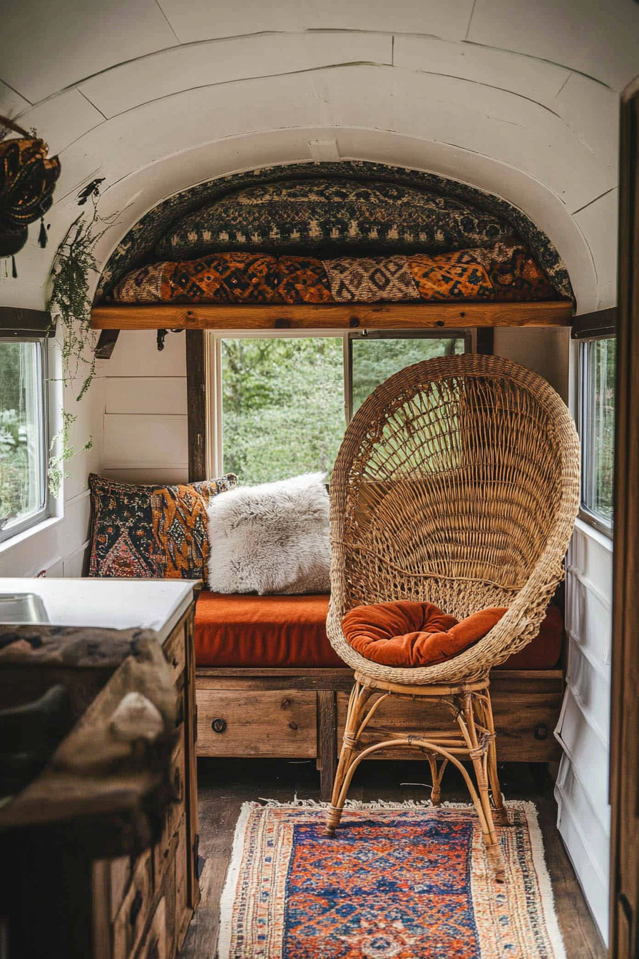 Bohemian tiny home design. Rattan peacock chair with velvet cushions in a sleeping loft.