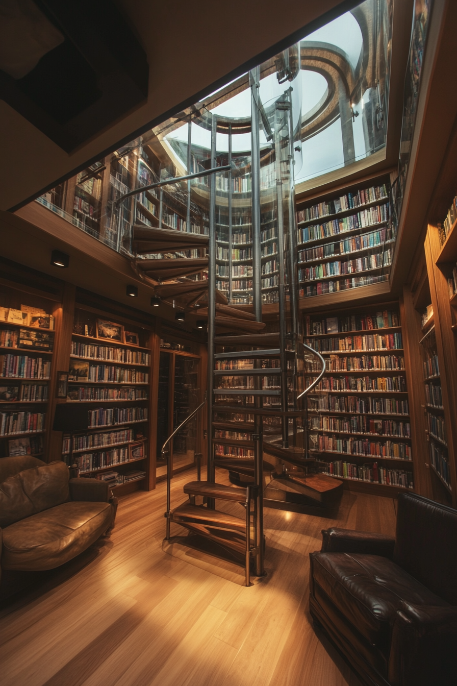 Micro living concept. Spiral staircase leading to glass-walled, top floor mini library.