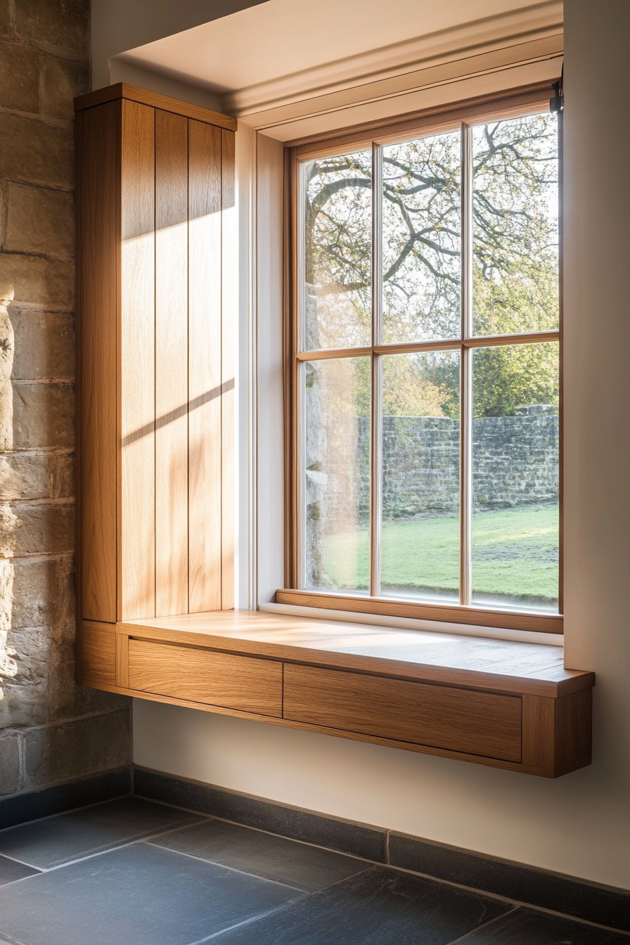 Window alcove concept. Floating bench in bristling oak with secret locker storage.