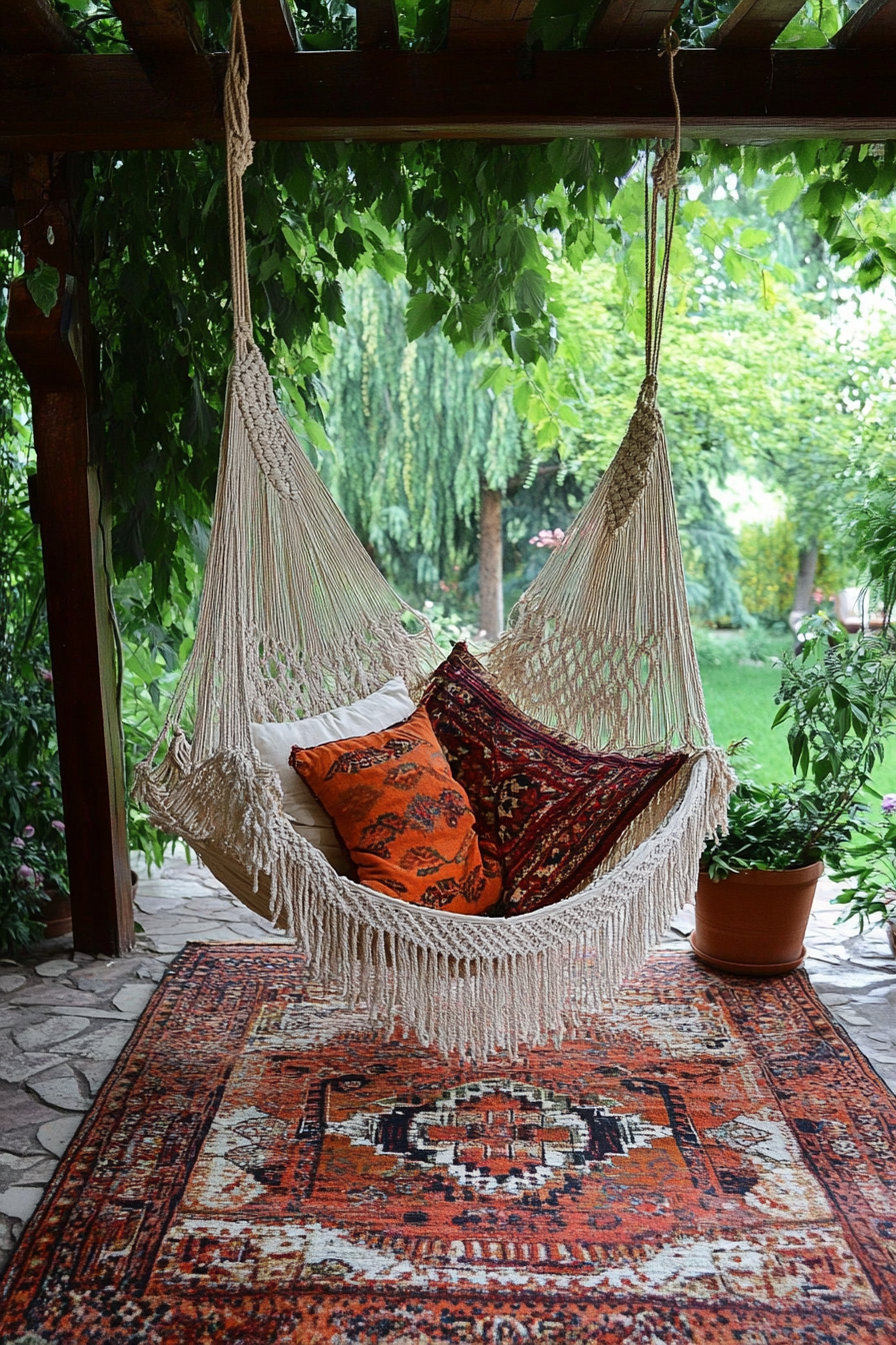 Bohemian patio. Tanned macramé hanging chair with layered red and orange kilim rugs.